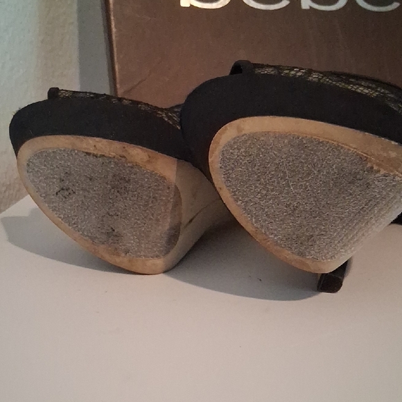 Bebe Lacey Black & Cream Lace Peep-Toe Platform Heels - Picture 8 of 9